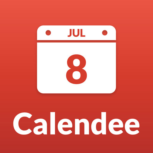 The Calendee app icon: a white date page showing 8 July with a red edelweiss on a red gradient square, with the name Calendee under it