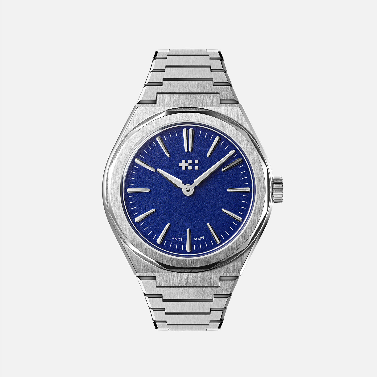 Christopher Ward The Twelve 660 in steel with a deep blue grained dial, polished baton indices, 2 polished hands and the applied twin-flags logo at 12, on its integrated brushed steel bracelet