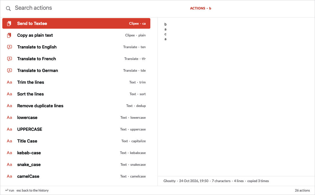 The Clipee action menu in light mode: Send to Textee, Copy as plain text, Translate to English, French and German, then text actions such as Trim the lines, Sort the lines, Remove duplicate lines, lowercase, UPPERCASE, Title Case, kebab-case, snake_case and camelCase, each with its group and keyword
