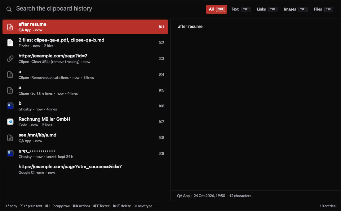 The Clipee window in dark mode with test data: a search field, type filters All, Text, Links, Images and Files with their keys, a list of entries with source app icons and Command-number shortcuts, the first row selected in red, and a preview pane on the right