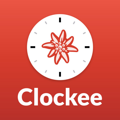 The Clockee app icon: a white clock face with hour marks and a red edelweiss in the centre, on a red gradient square, with the name Clockee under it