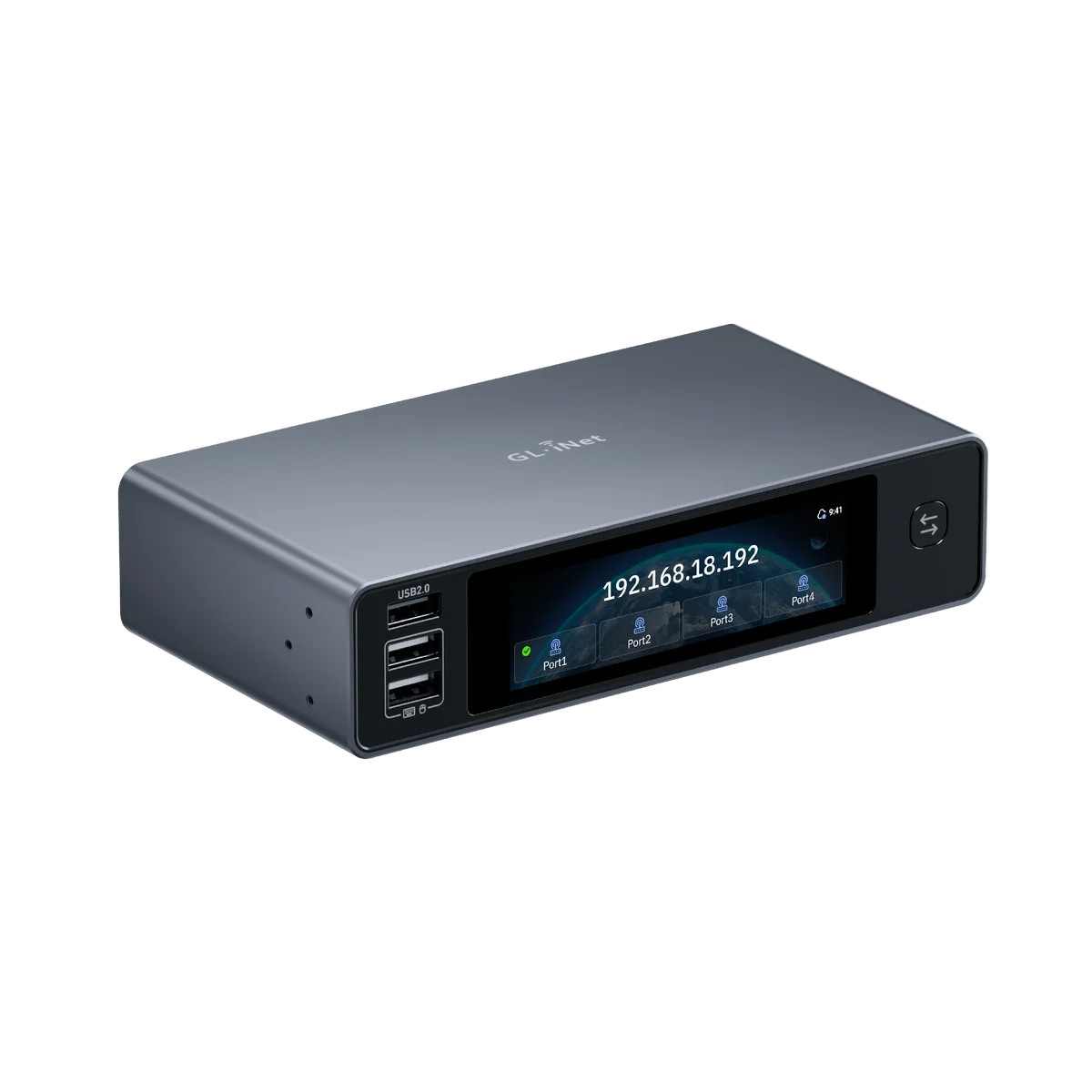 The GL.iNet Comet X, a wide aluminium box with three front USB 2.0 ports and a colour touchscreen showing its IP address above four port tiles, Port1 marked active, with a switch button on the right
