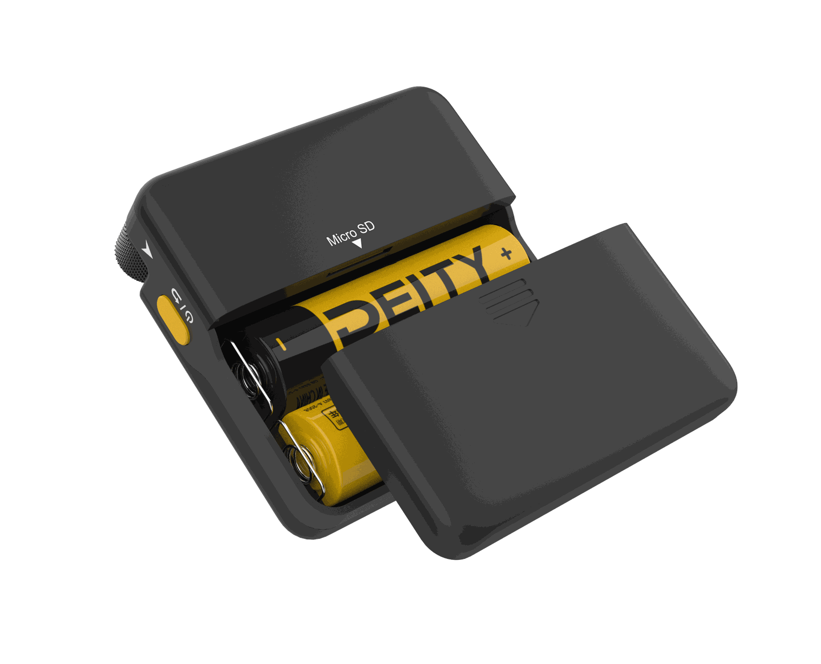 Deity PR-2 with its battery door slid open, 2 yellow Deity AA cells inside and the microSD slot marked above them