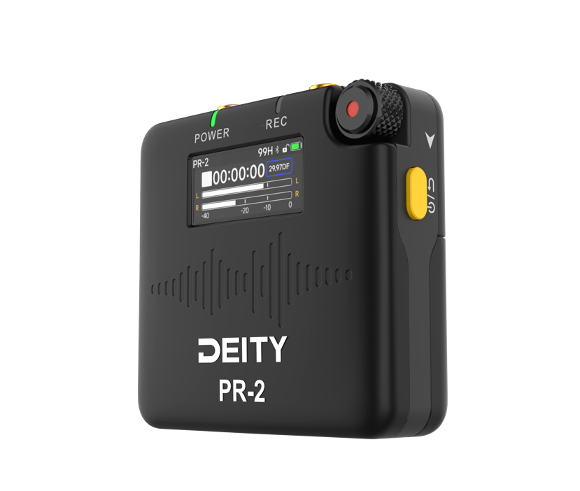 Black Deity PR-2 seen from the front left, small LCD reading 00:00:00 above an engraved waveform, red record wheel at the top right and a yellow USB-C cover on the side