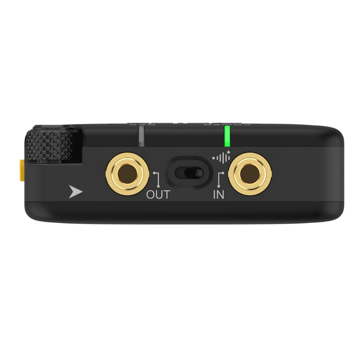 Top edge of the Deity PR-2 with 2 gold 3.5 mm jacks marked OUT and IN, a small slide switch between them and the knurled record wheel on the left