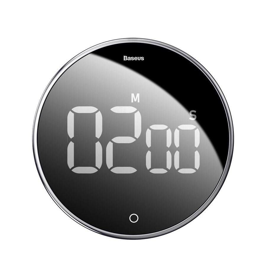 Baseus Heyo rotation countdown timer, a round black mirror-glass puck reading 02 minutes 00 seconds, with the Baseus name at the top and a thin polished silver rim