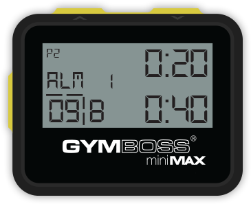 Gymboss miniMAX interval timer, a small black and yellow unit whose grey LCD shows programme P2, alarm 1, and interval times of 0:20 and 0:40