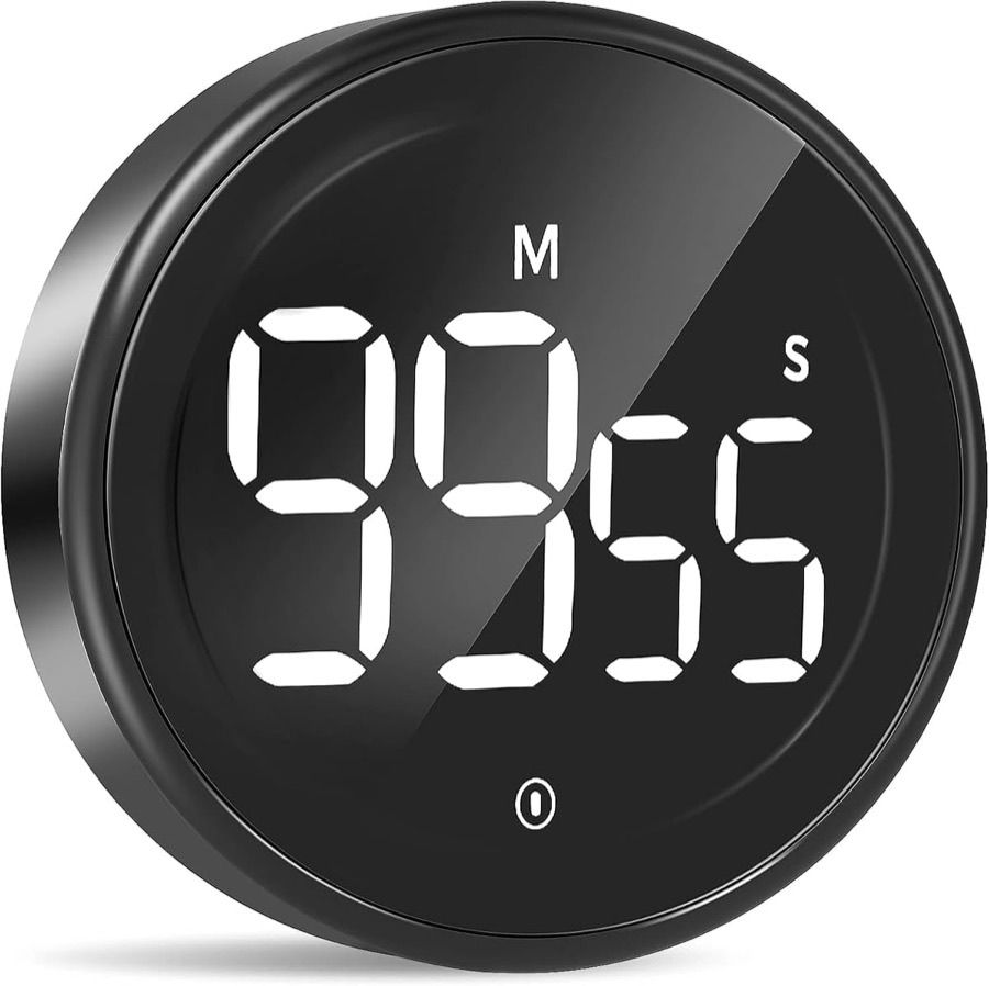 LIORQUE magnetic timer, a round black puck with a smooth glossy anodised aluminium bezel and a black mirror face reading 99 minutes 55 seconds