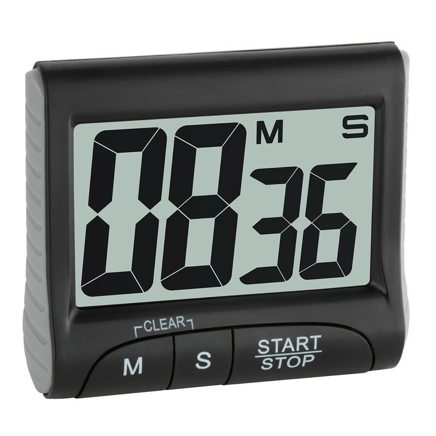 TFA Dostmann 38.2021 timer, a black rectangular unit with a very large LCD reading 00 minutes 36 seconds above M, S and START STOP buttons