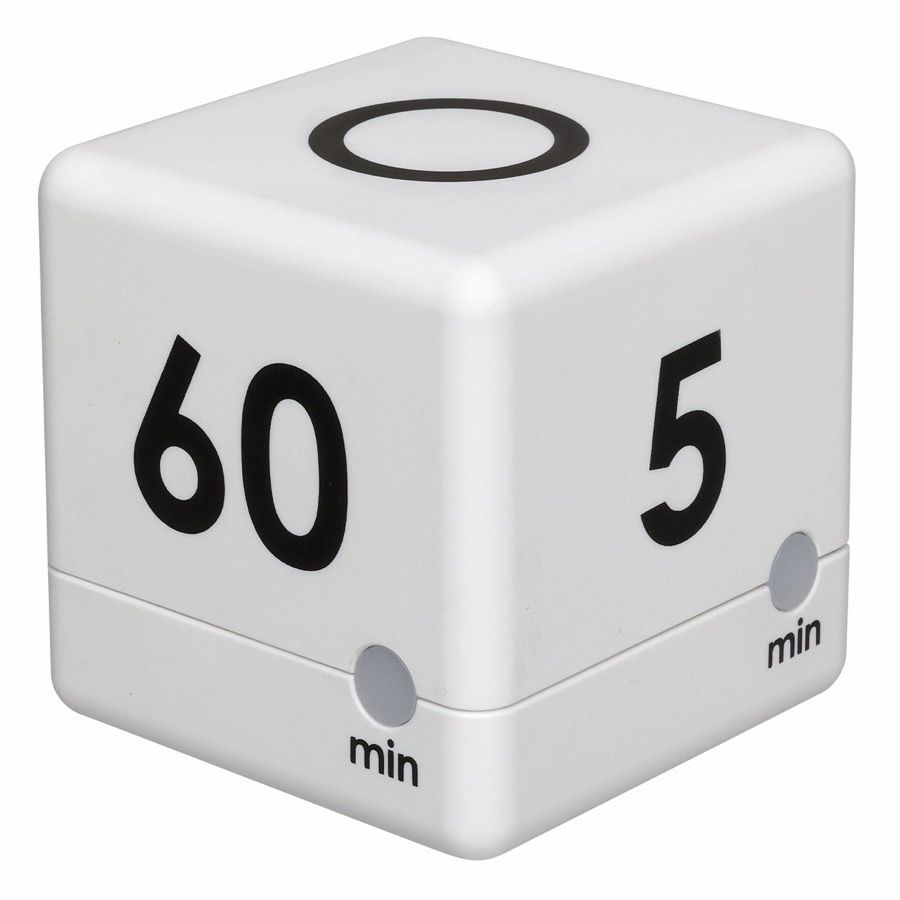 TFA Dostmann CUBE-TIMER, a rounded white plastic cube with 60 and 5 printed in large black numerals on adjacent faces and small min buttons