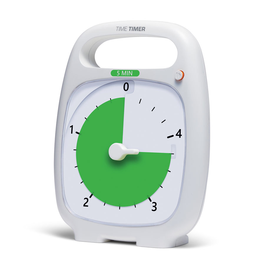 Time Timer PLUS 5 Minute, a white timer with a carry handle and a green disk showing roughly four of five minutes remaining