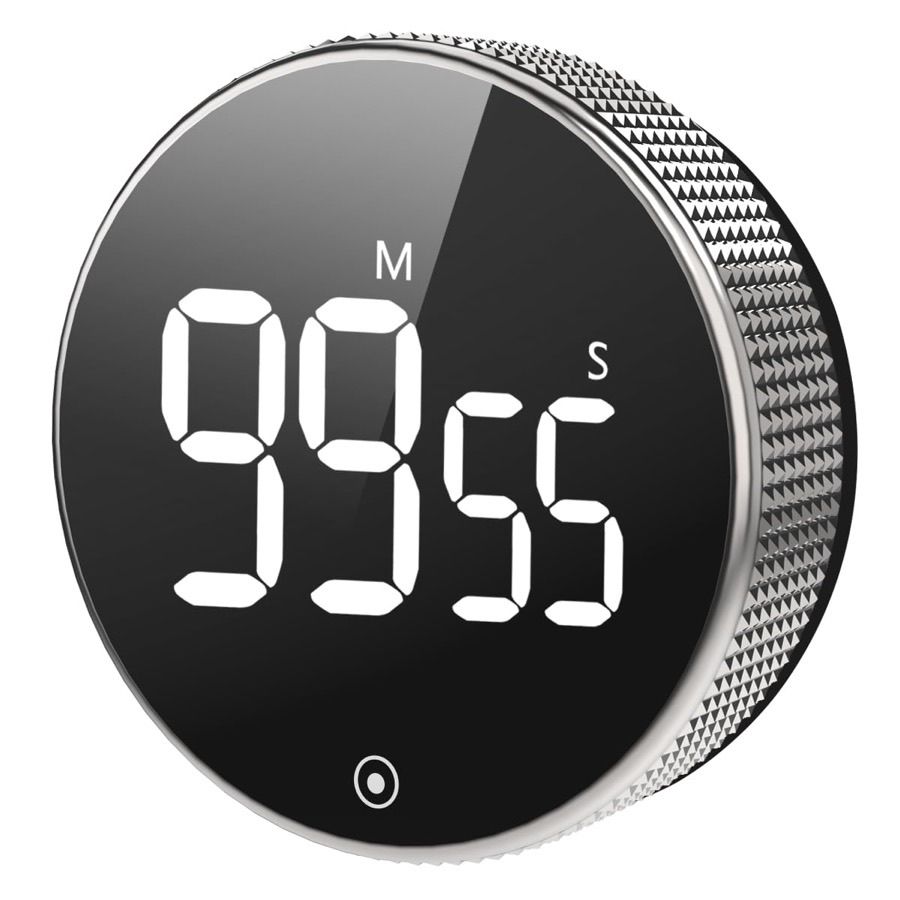 Vabaso rotary magnetic timer, a round black mirror-faced puck reading 99 minutes 55 seconds in large white digits, ringed by a knurled silver metal bezel