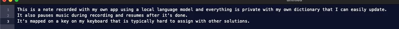 Three dictated sentences pasted into TextMate, each on its own line