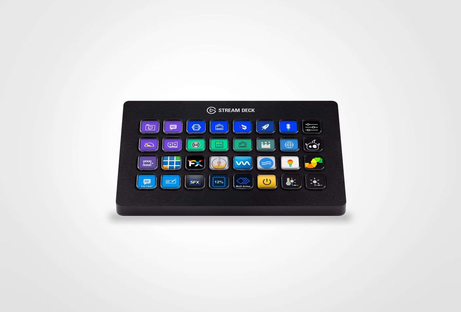 Stream Deck XL photographed head-on against white, its 8 by 4 grid of keys showing app, scene and multi-action icons