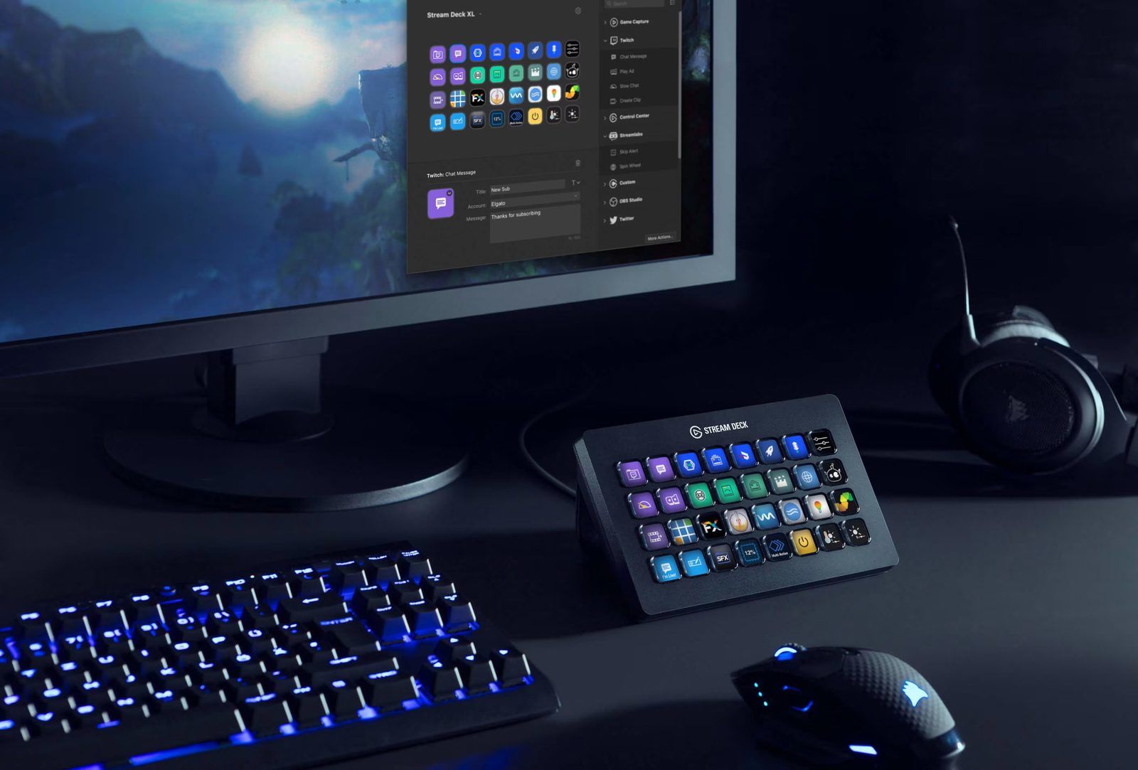 Stream Deck XL on a desk in front of a monitor running the Stream Deck app, showing the key canvas on the left and the action library on the right