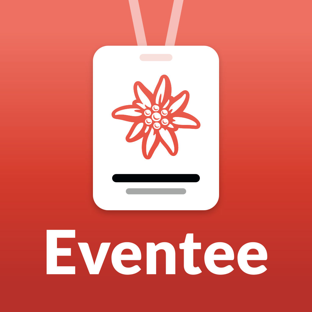 The Eventee app icon: a white event badge with a red edelweiss on a lanyard, on a red background, with the name Eventee under it