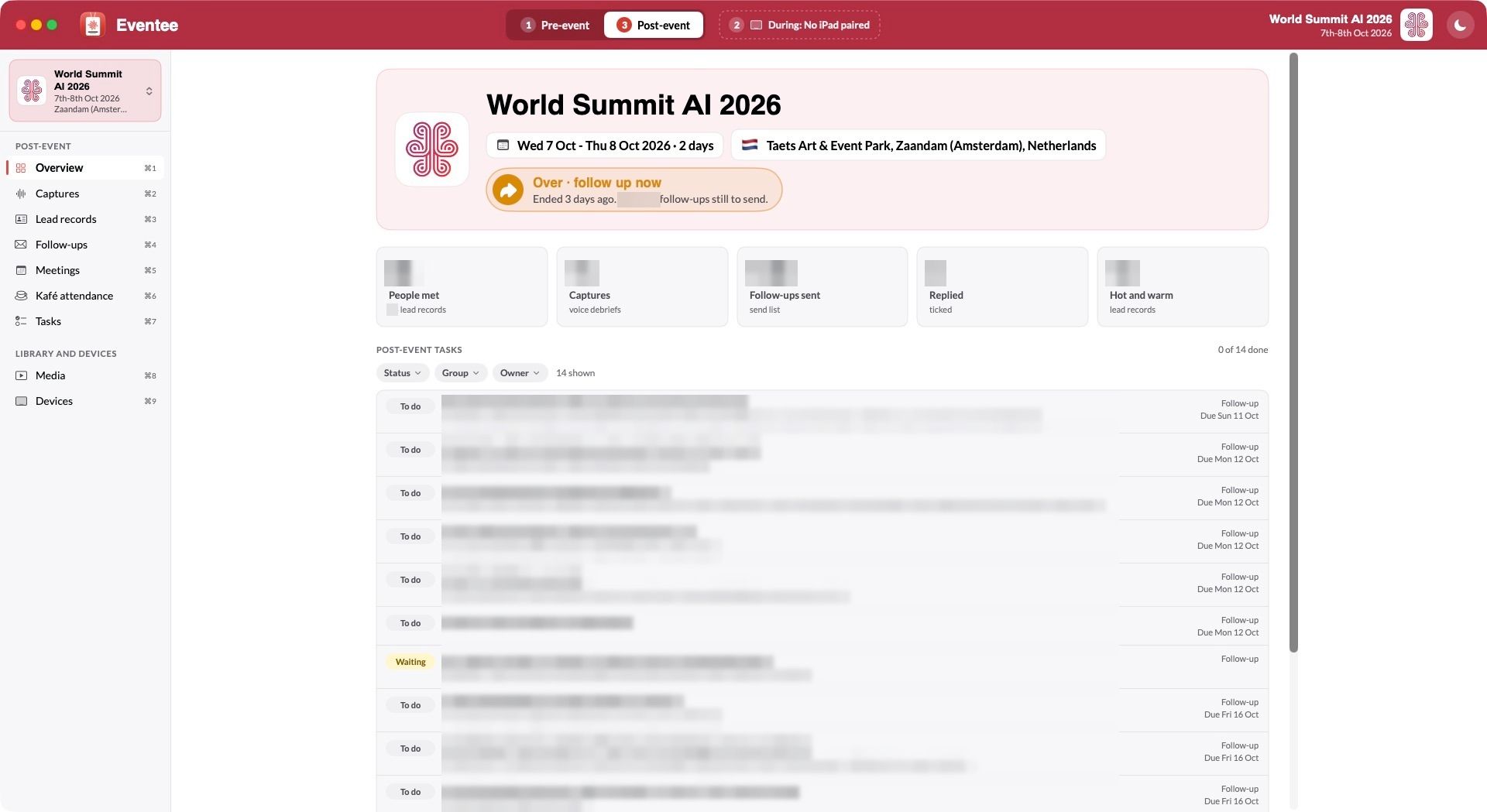 Eventee on the Mac in post-event mode: the World Summit AI 2026 header with its logo, dates, the Dutch flag and an amber status saying the event is over and it is time to follow up, then the post-event task list. Numbers and task details are blurred.