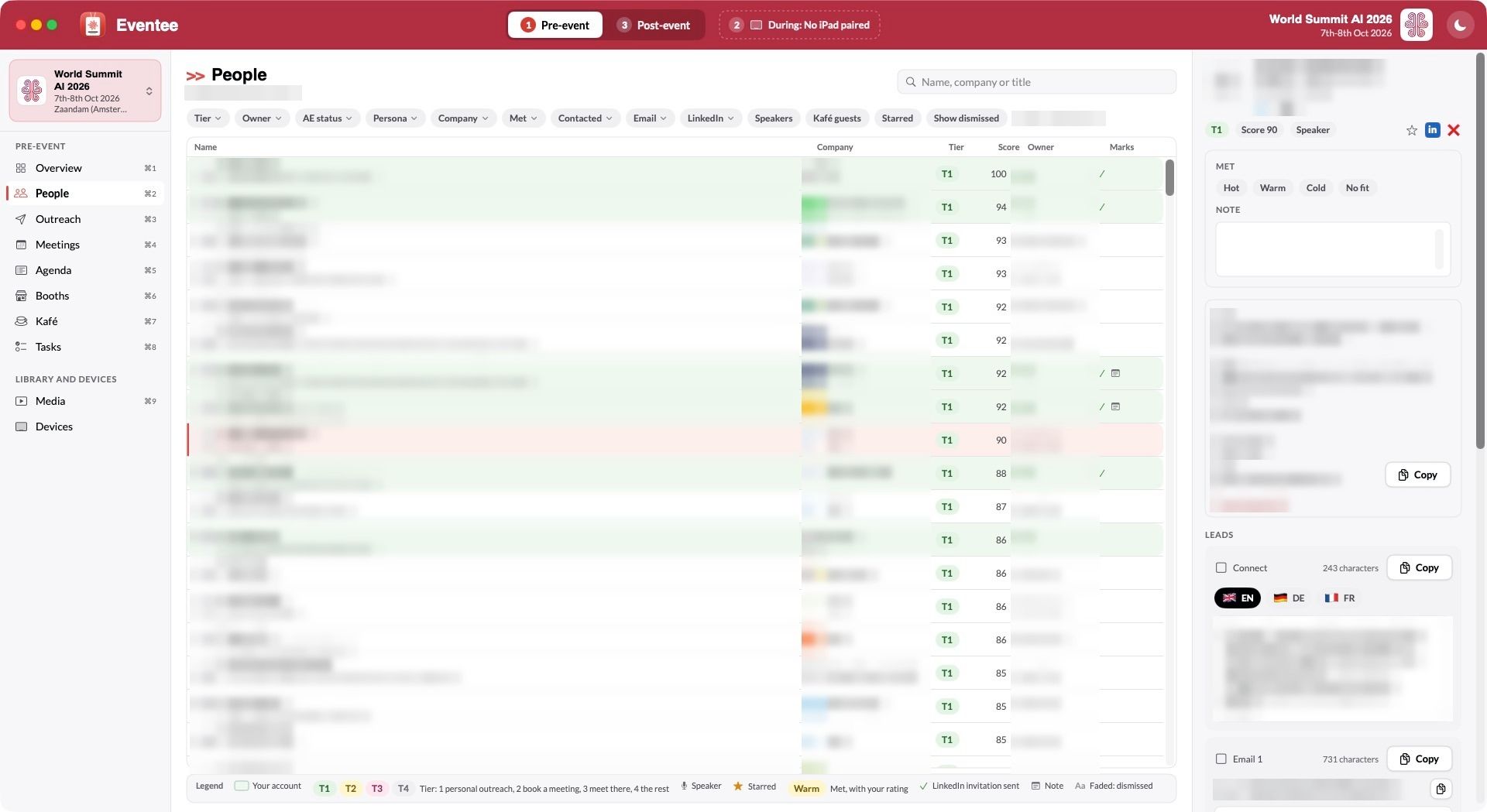 Eventee on the Mac in pre-event mode: the People list with tier pills, scores and filters, a legend bar at the bottom, and a selected lead with outreach texts behind English, German and French flag pills. Names and companies are blurred.