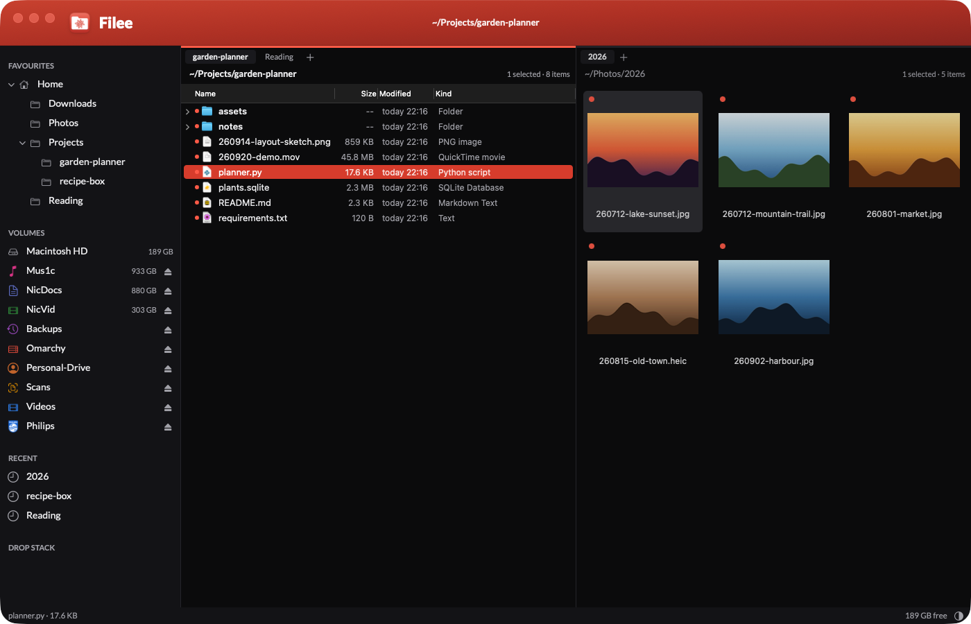 Filee in dark mode: a red title bar with the edelweiss app icon, a sidebar with a tree of favourites and coloured volume icons, a list view of a project folder on the left and a thumbnail view of landscape photos on the right