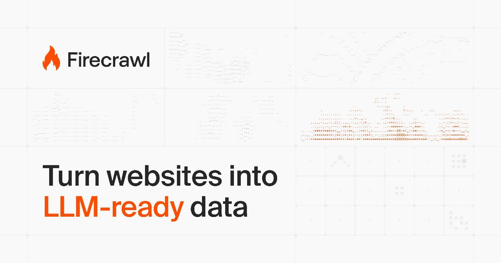 Firecrawl banner: the orange flame logo and the line Turn websites into LLM-ready data, on a light grid with faint orange pixel patterns