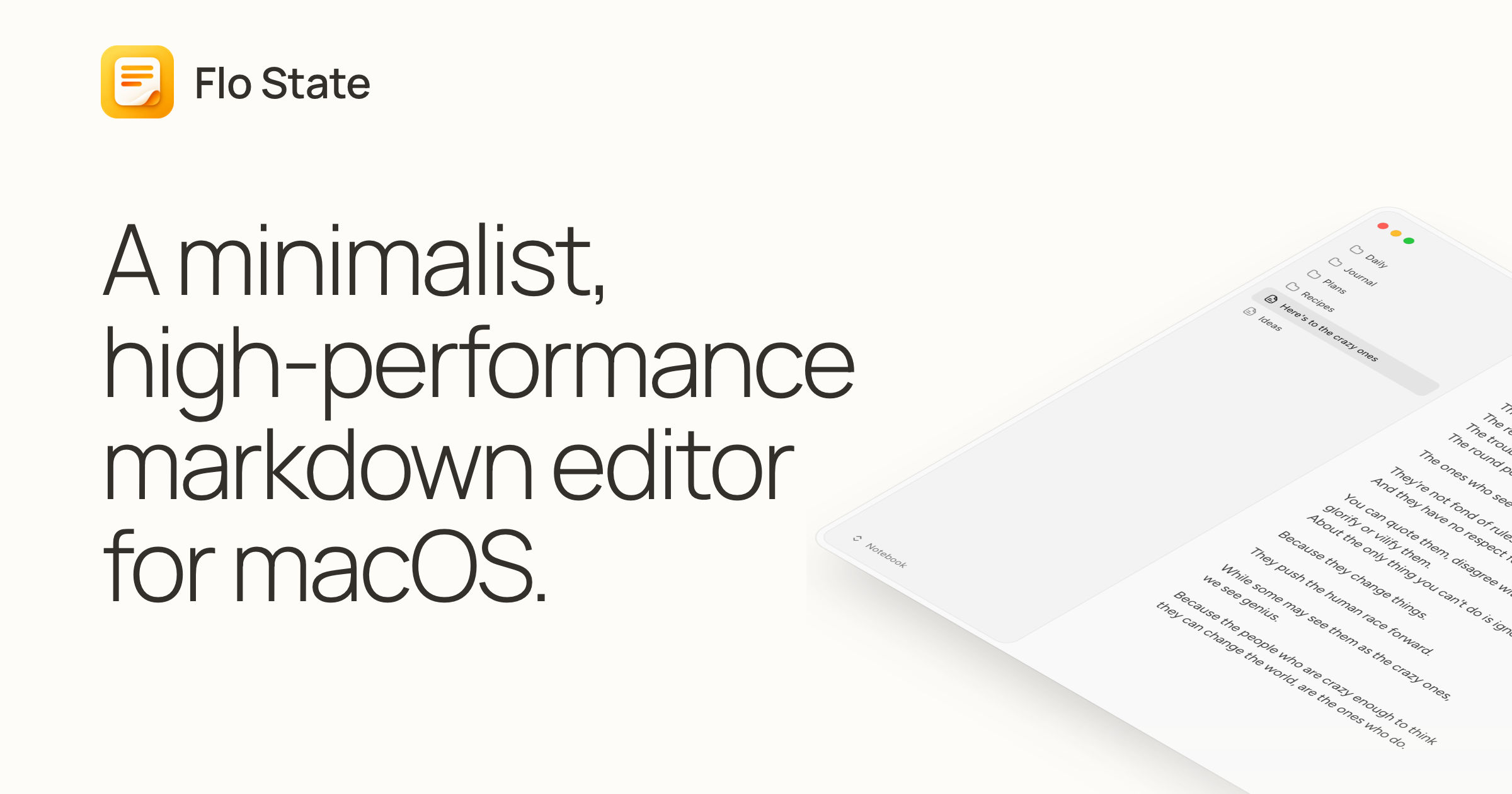 Flo State banner: the orange app icon and the line A minimalist, high-performance markdown editor for macOS, next to a tilted editor window with a note sidebar