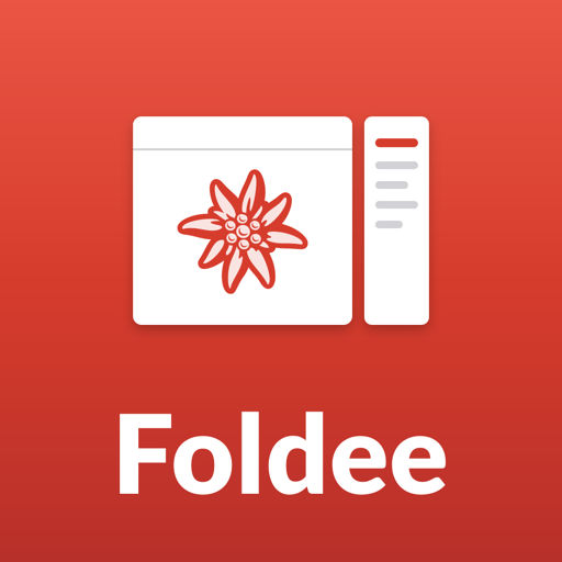 The Foldee app icon: a white Save dialog and a folder strip with a red edelweiss on a red gradient square, with the name Foldee under it