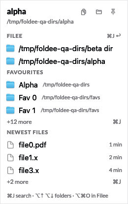 The Foldee strip in light mode on QA test data: the current folder name and path at the top with 3 buttons, then sections for the Filee panes, favourites with their parent paths, a '+12 more' row, the newest files with their age, and a footer with the shortcuts