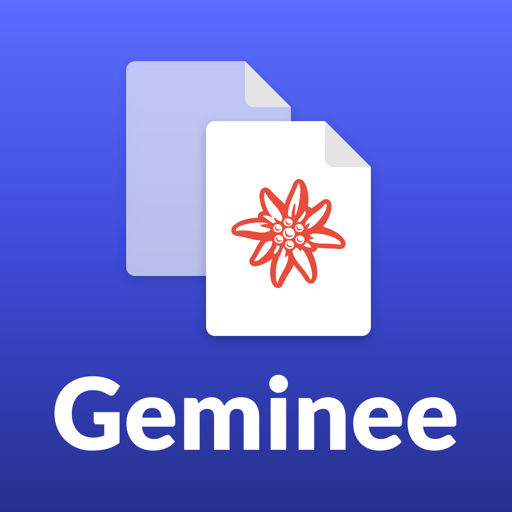 The Geminee app icon: 2 identical white pages with a red edelweiss on an indigo gradient square, with the name Geminee under it