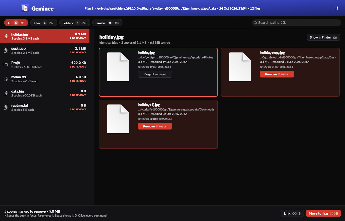 The Geminee review window on a test plan: an indigo title strip, filter pills for All, Files, Folders and Similar, a list of duplicate groups sorted by space on the left, and on the right 3 copies of the same photo as cards, 1 marked Keep and 2 marked Remove, with Link and Move to Trash buttons at the bottom