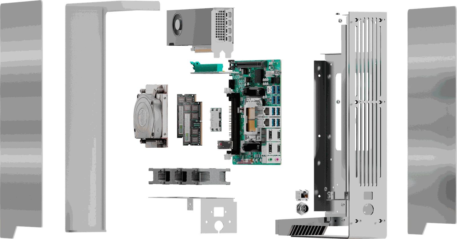 Exploded view of Ghost Core: the steel side panels and top cover pulled away from a vertical frame, with a small single-fan workstation GPU, a mini-ITX motherboard, 2 RAM sticks, a CPU cooler and the power supply laid out between them
