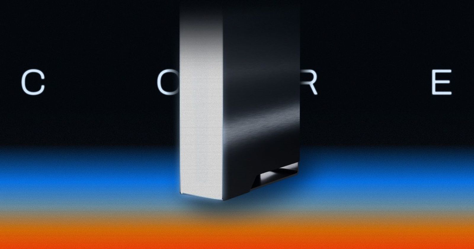 Ghost Core, a tall brushed-steel slab standing on its edge, set against a black background with a blue and orange horizon and the letters C, O, R, E spaced across the frame