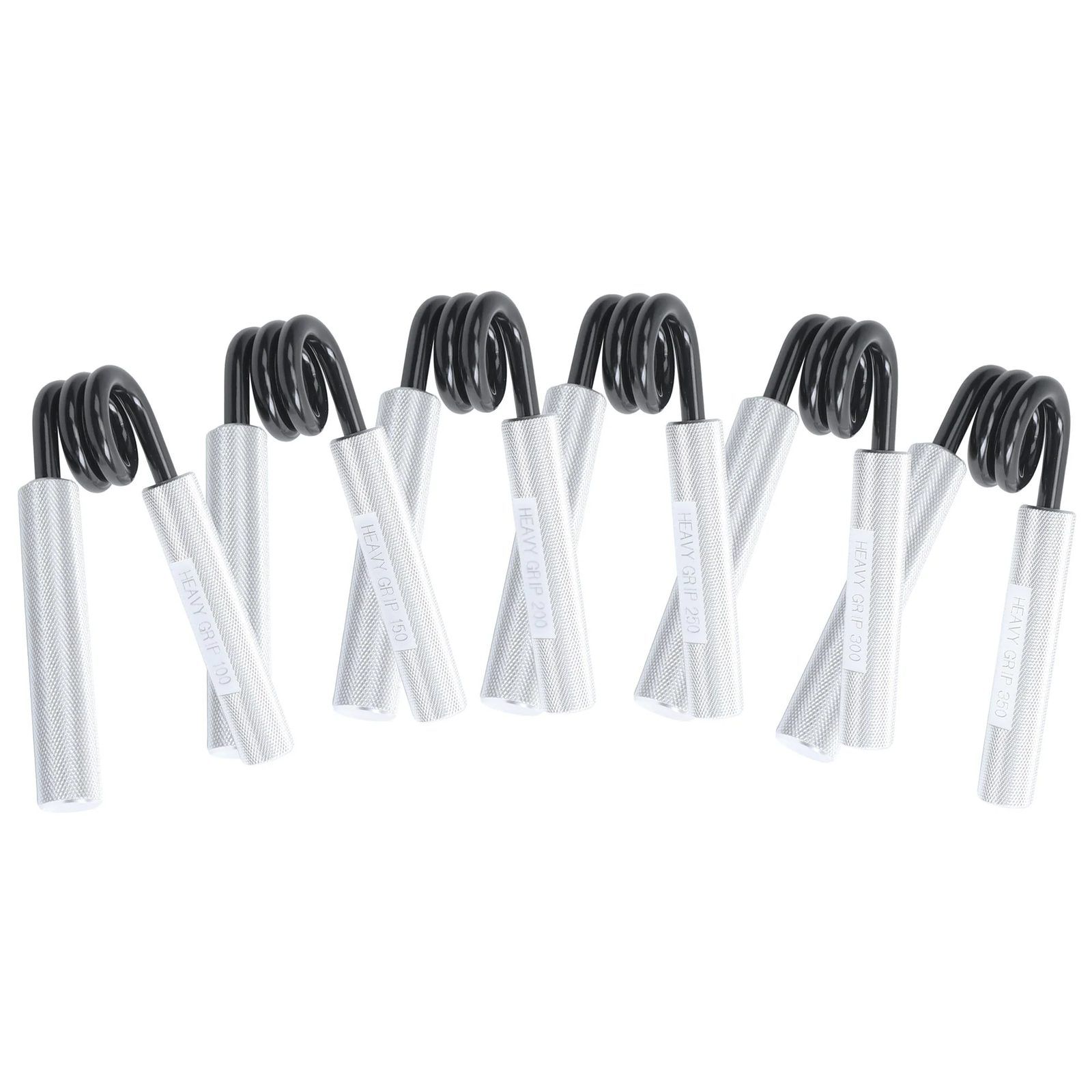 Six knurled silver aluminium hand grippers with black coiled springs, stamped HEAVY GRIP 100 through HEAVY GRIP 350, arranged in a row
