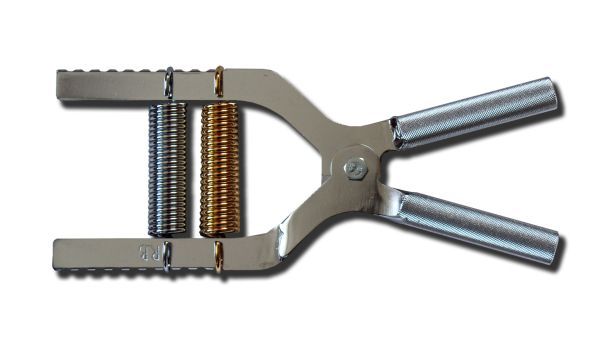 Robert Baraban adjustable gripper in chrome, with a sliding spring mount between two knurled handles