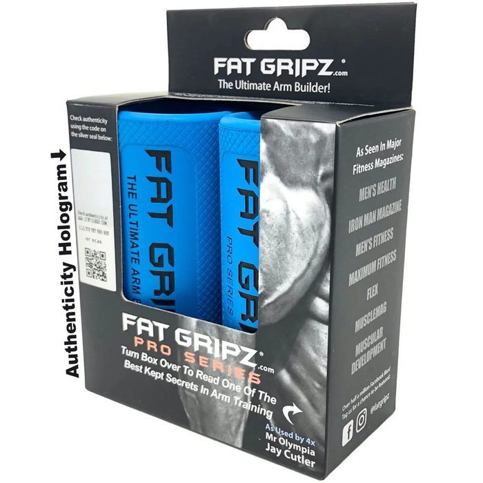 Fat Gripz Pro in retail packaging, two blue thick-bar rubber sleeves