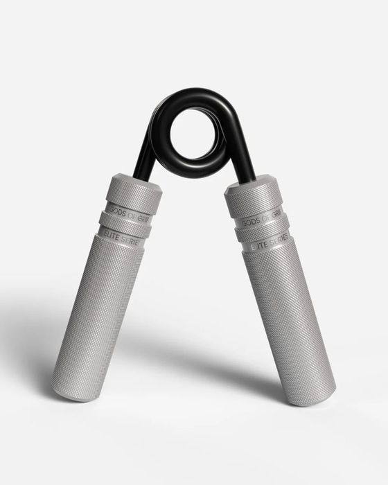 Gods of Grip Elite Series v2 gripper with thick knurled silver aluminium handles and a black coated spring
