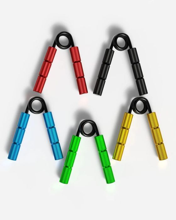 Four Gods of Grip Essential grippers with anodised handles in red, blue, green and yellow