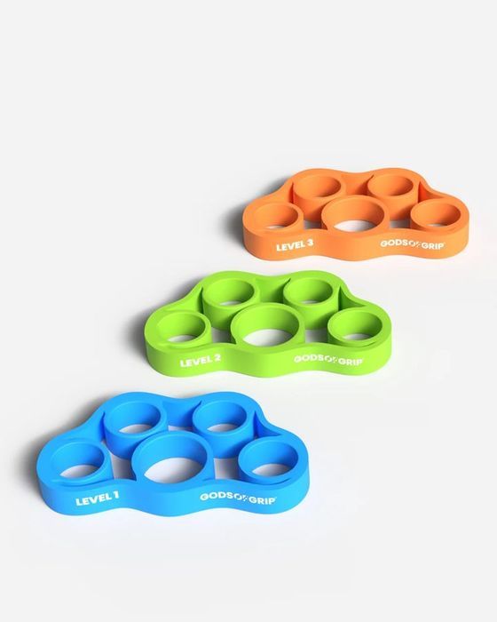 Gods of Grip extensor bands, three silicone finger loops in blue, green and orange