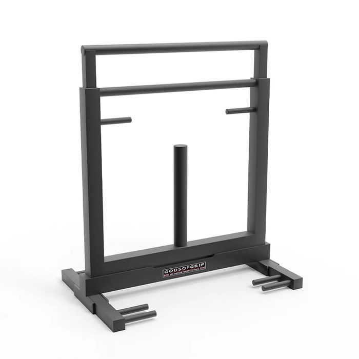 Gods of Grip freestanding grip machine, a black steel frame with a vertical loading post