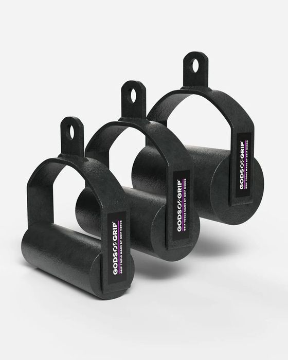 Three Gods of Grip rolling handles in different diameters, black cylinders on D-shaped brackets