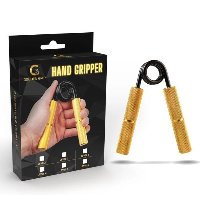 Golden Grip hand gripper with gold knurled handles next to its black retail box