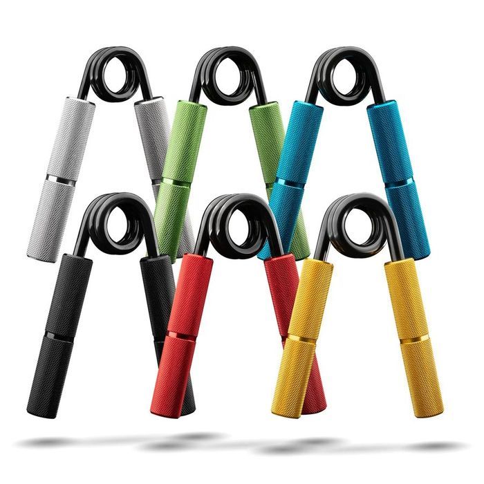 Six Grip Genie grippers with anodised handles in silver, green, blue, black, red and gold
