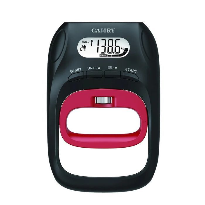 Digital hand dynamometer with a red adjustable handle and a small LCD showing a kilogram reading