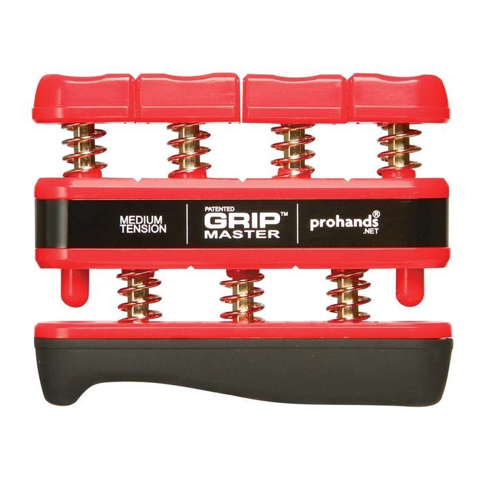 Prohands Gripmaster with red finger pads on chrome springs mounted to a black base