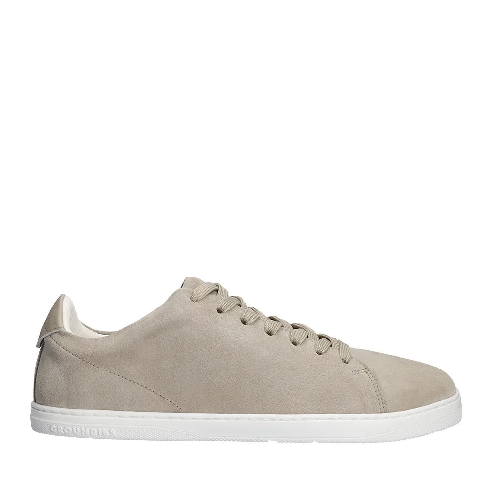 Groundies Zero in Stone, beige suede upper with a white sole