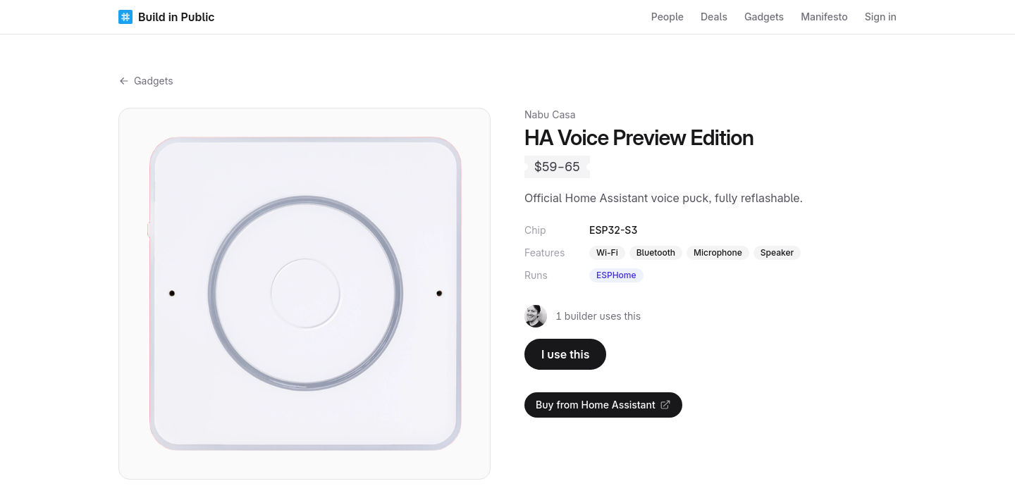 Detail page for the Nabu Casa HA Voice Preview Edition at 59 to 65 dollars, listing chip ESP32-S3, features Wi-Fi Bluetooth Microphone Speaker, and firmware ESPHome