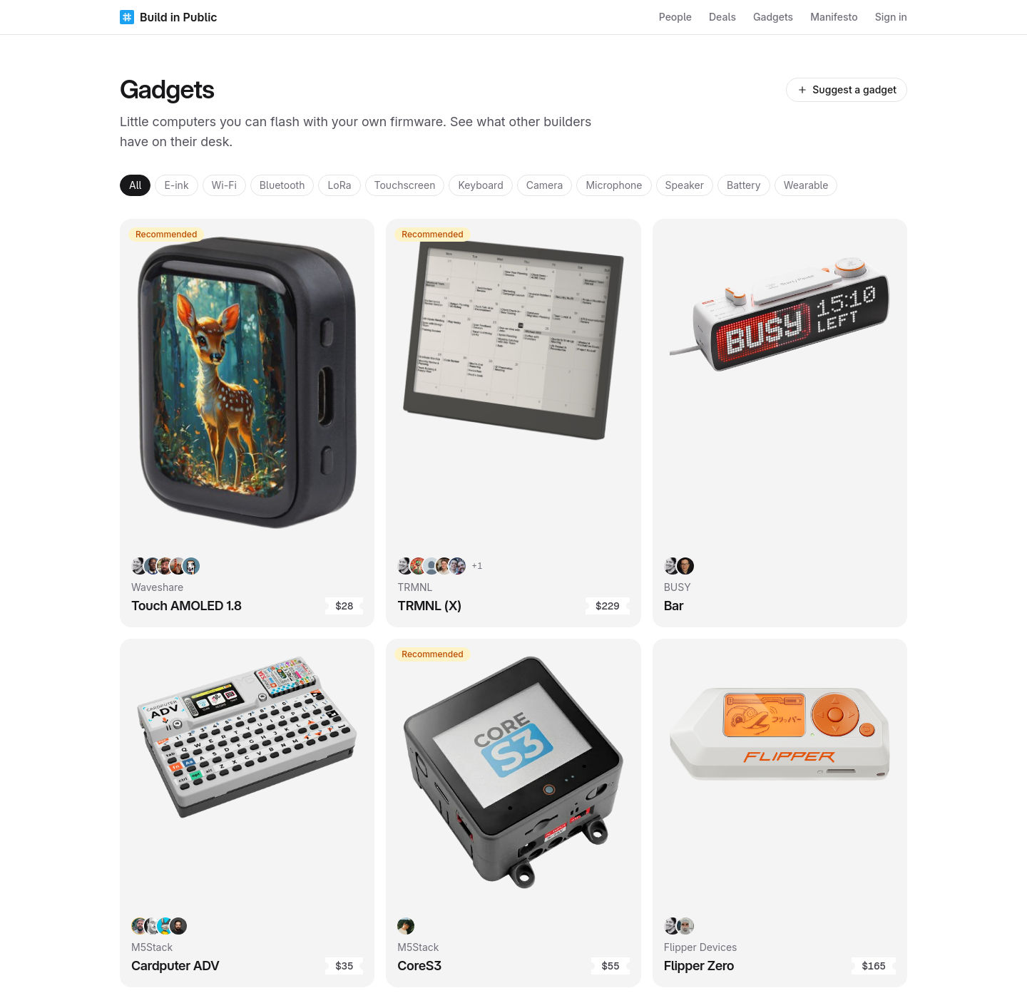 The Build in Public gadgets grid: filter chips across the top, then cards for a Waveshare Touch AMOLED, a TRMNL e-ink dashboard, a BUSY Bar, an M5Stack Cardputer, a CoreS3 and a Flipper Zero, each with owner avatars and a price