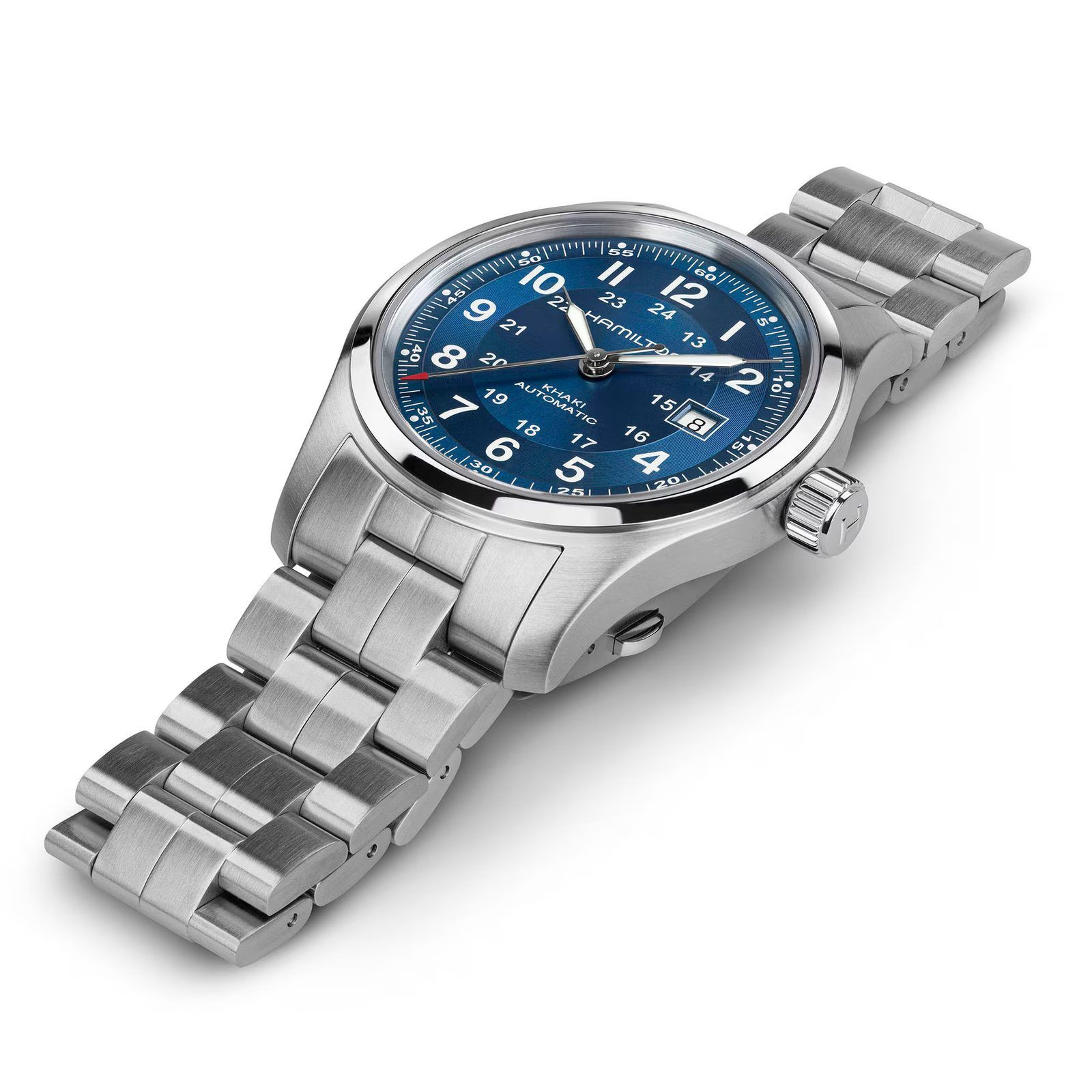 Three-quarter view of the Khaki Field Auto showing the case profile, fluted crown and bracelet links