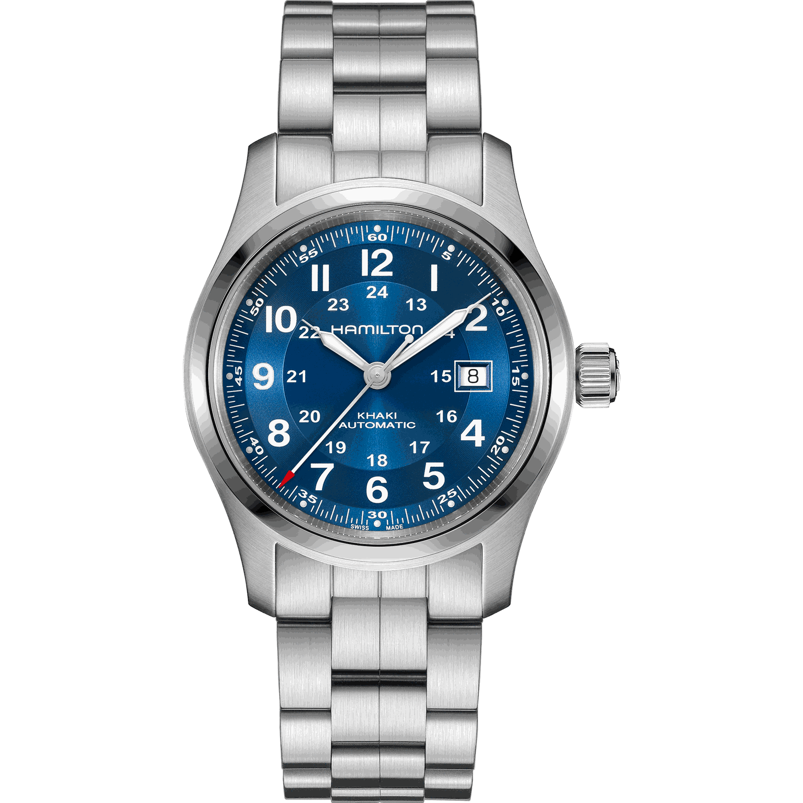Hamilton Khaki Field Auto 42mm with a blue sunburst dial and 24-hour inner track, on a brushed steel bracelet