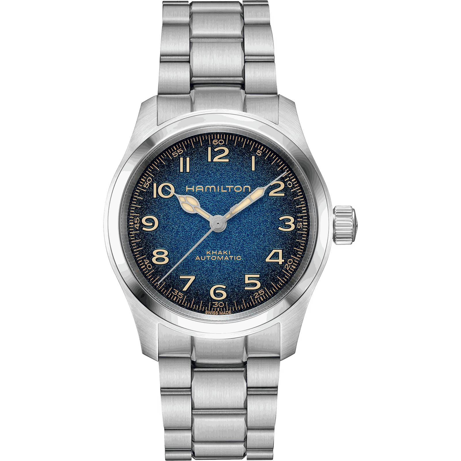 Hamilton Khaki Field Murph 38mm with a grainy blue-to-black gradient dial, cream numerals and cathedral hands, on a brushed steel bracelet