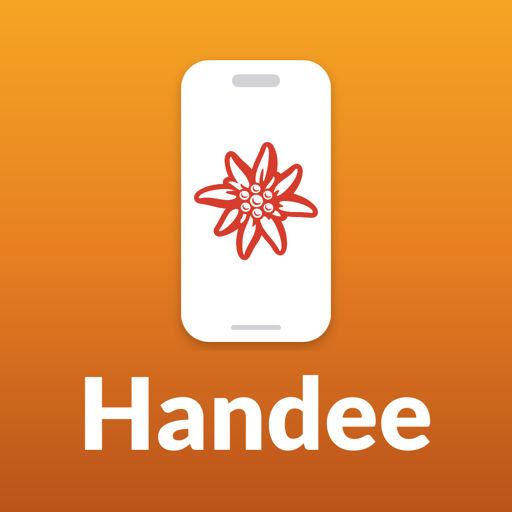The Handee app icon: a white iPhone with a red edelweiss on an amber gradient square, with the name Handee under it